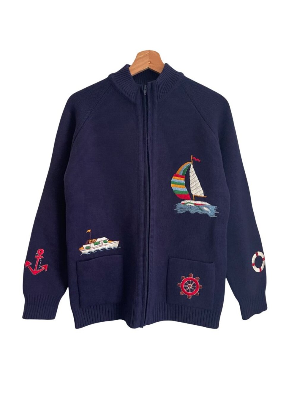 Vintage LeRoy Womens Zip Sweater Size L Navy Nautical Sailboat Anchor Coastal